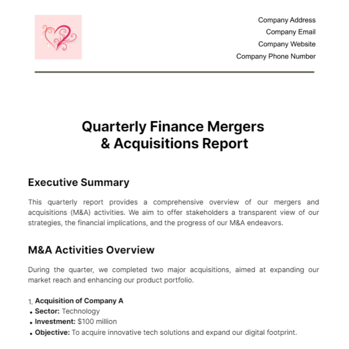 Quarterly Finance Mergers & Acquisitions Report Template