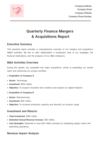 Free Quarterly Finance Mergers & Acquisitions Report Template to Edit Online