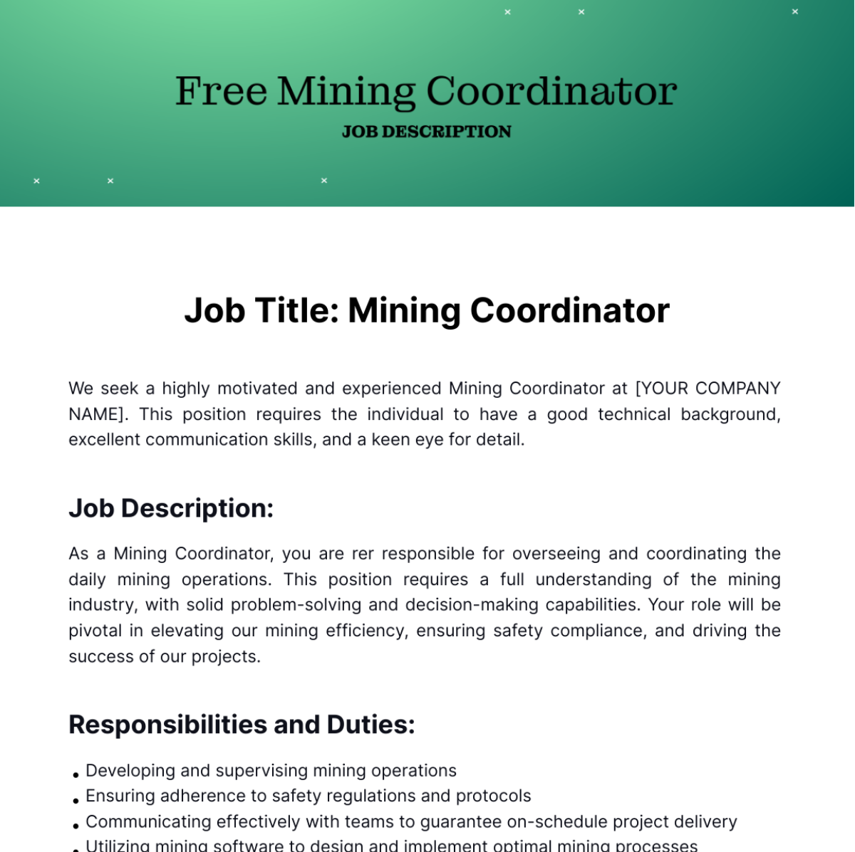 Free Mining Coordinator Job Description Template
