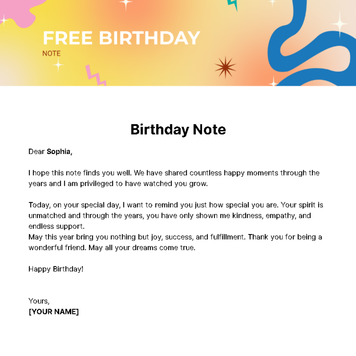 Free Birthday Note Template