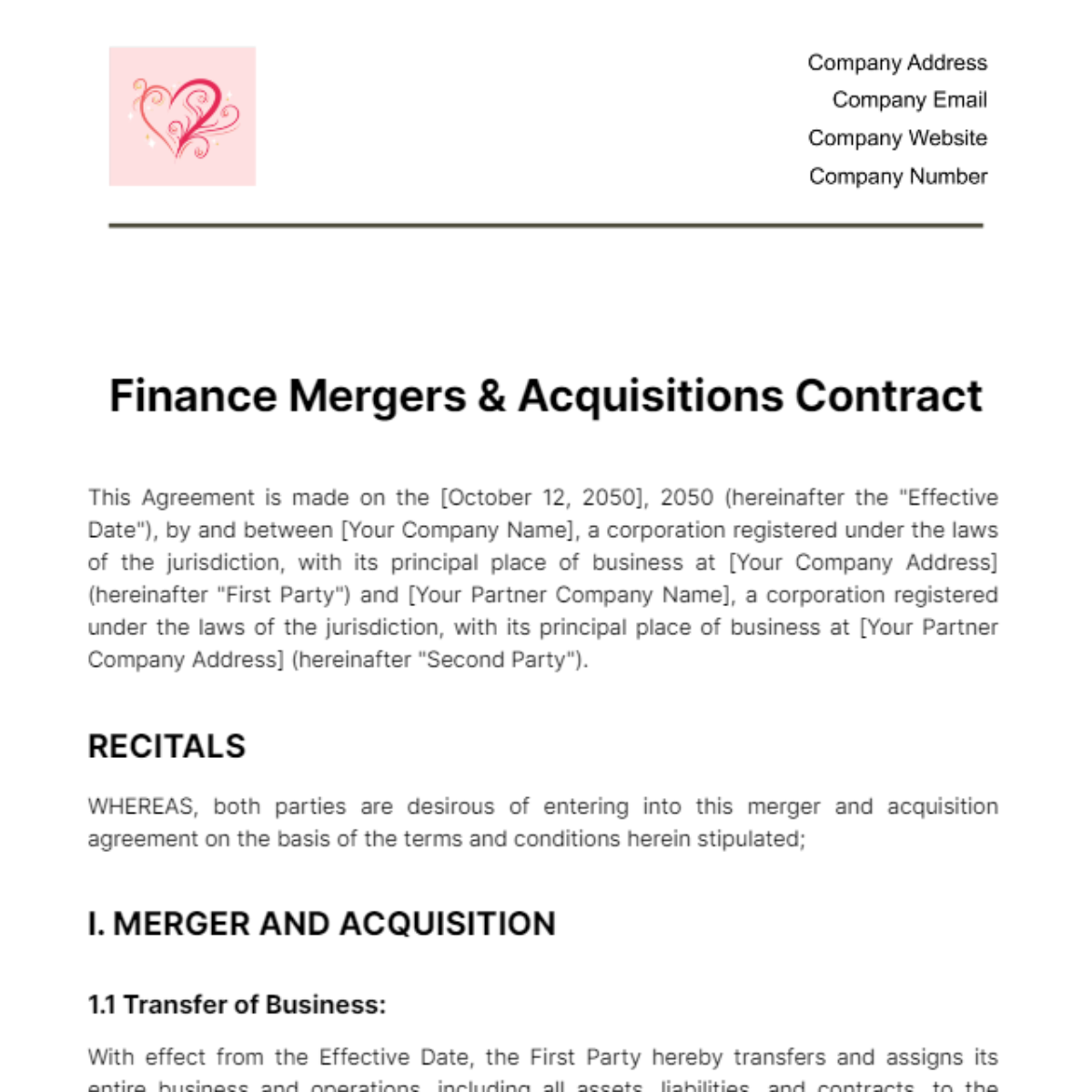 Finance Mergers & Acquisitions Contract Template