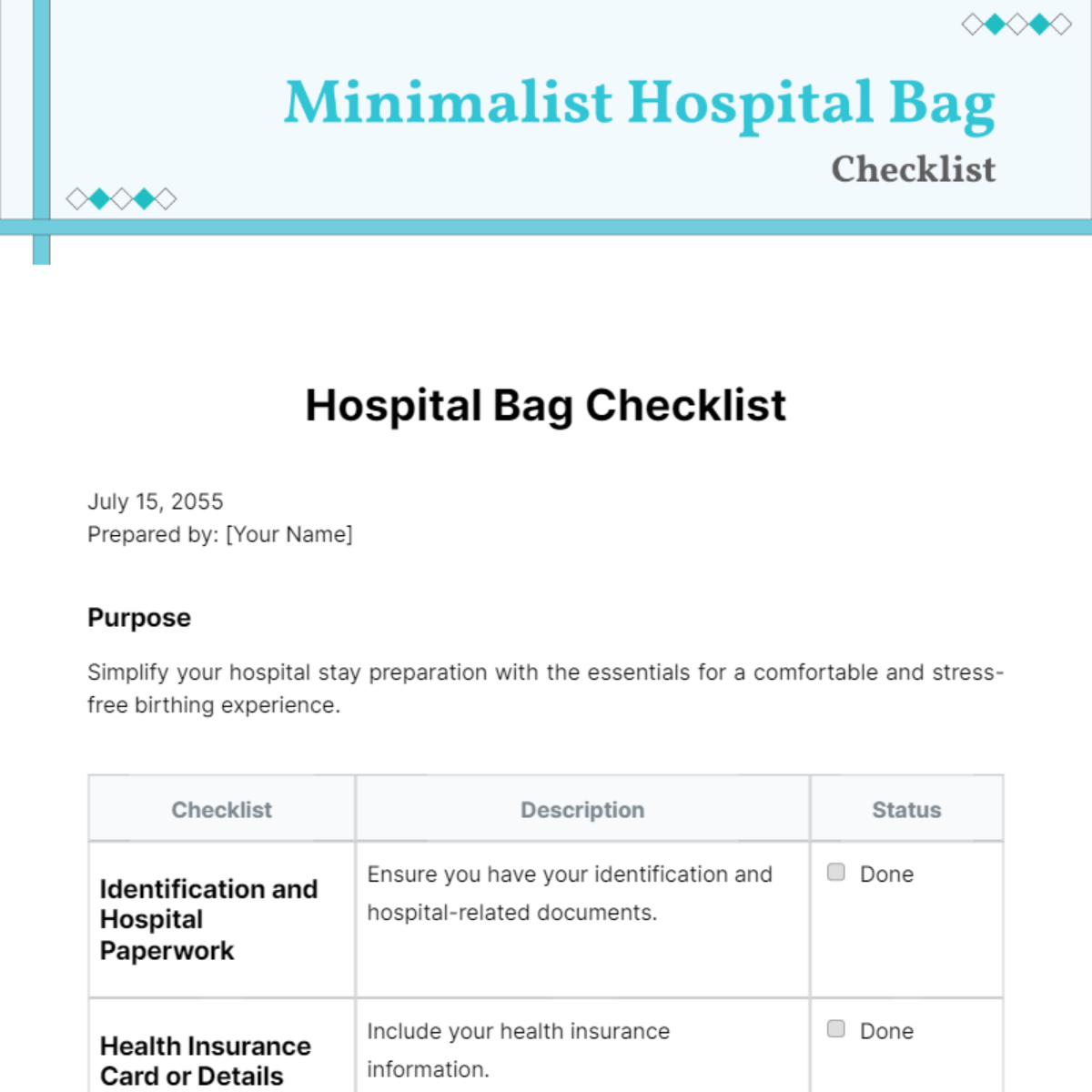 Free Minimalist Hospital Bag Checklist Template