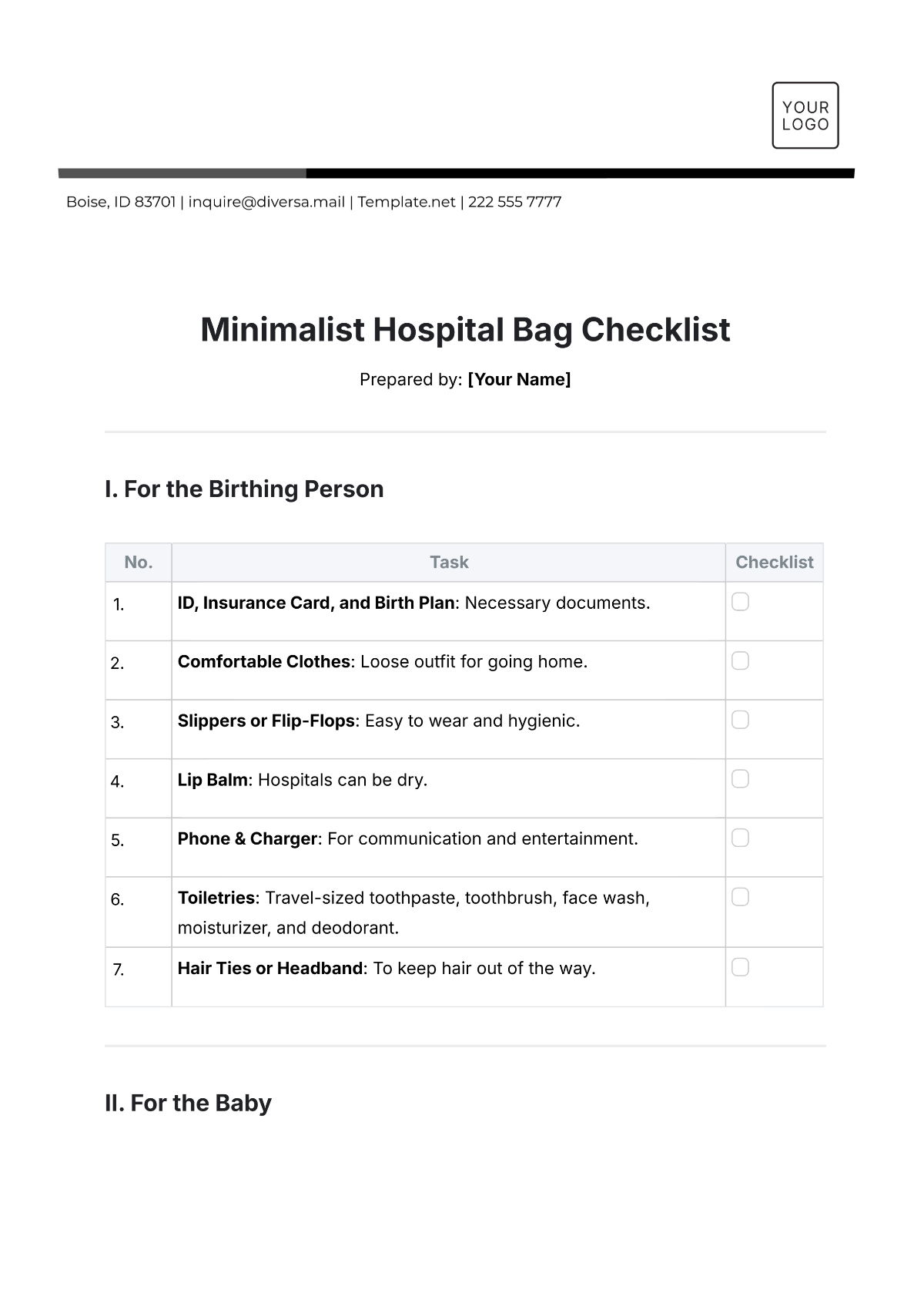 Minimalist Hospital Bag Checklist Template - Edit Online & Download