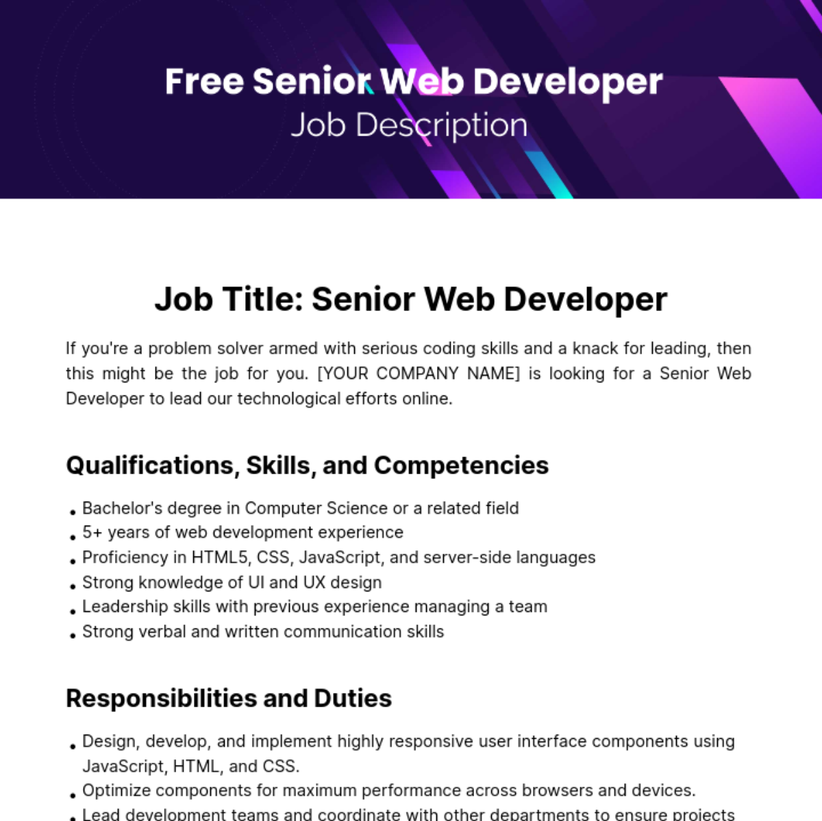 Senior Web Developer Job Description Template