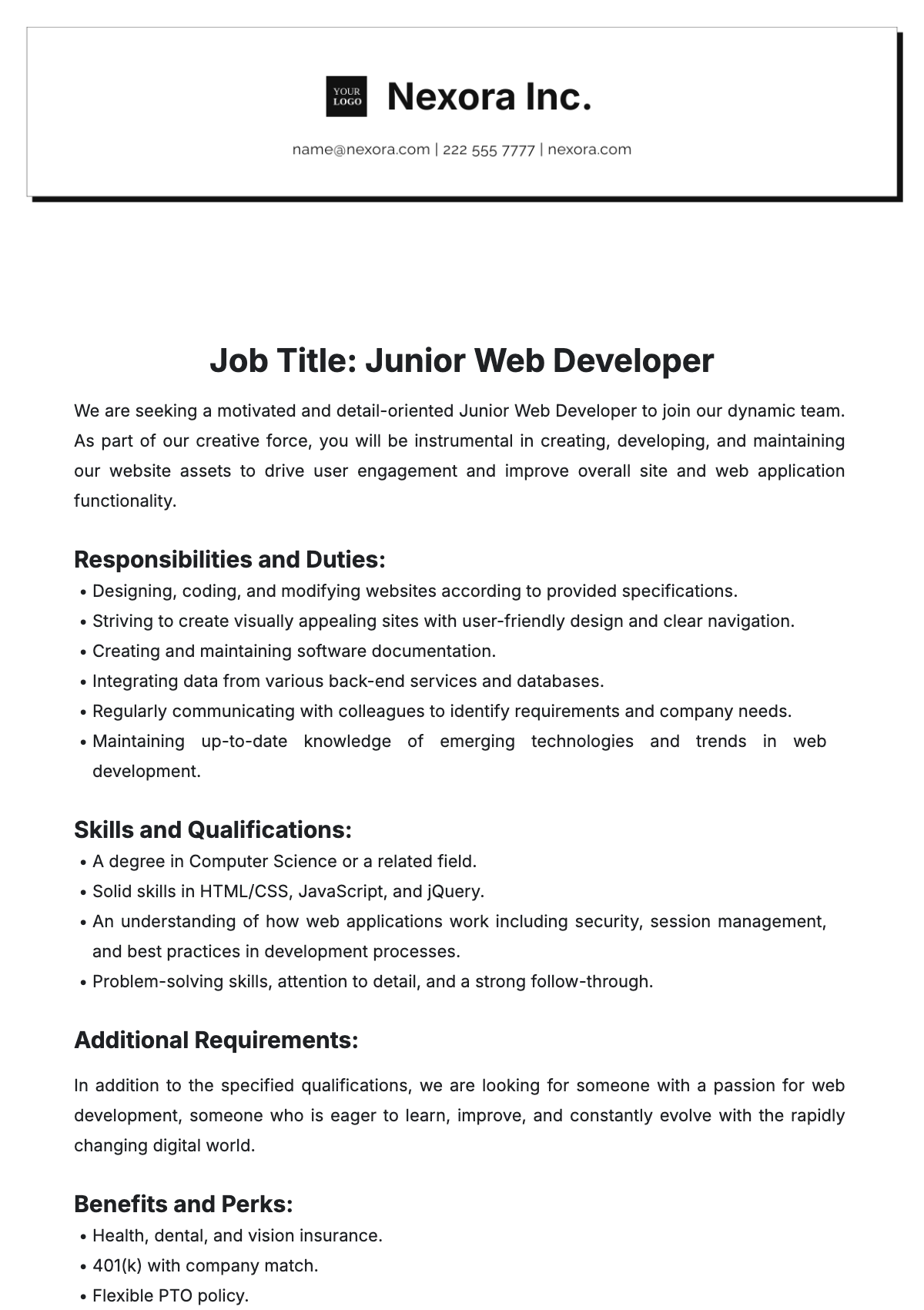 Junior Web Developer Job Description Template - Edit Online & Download