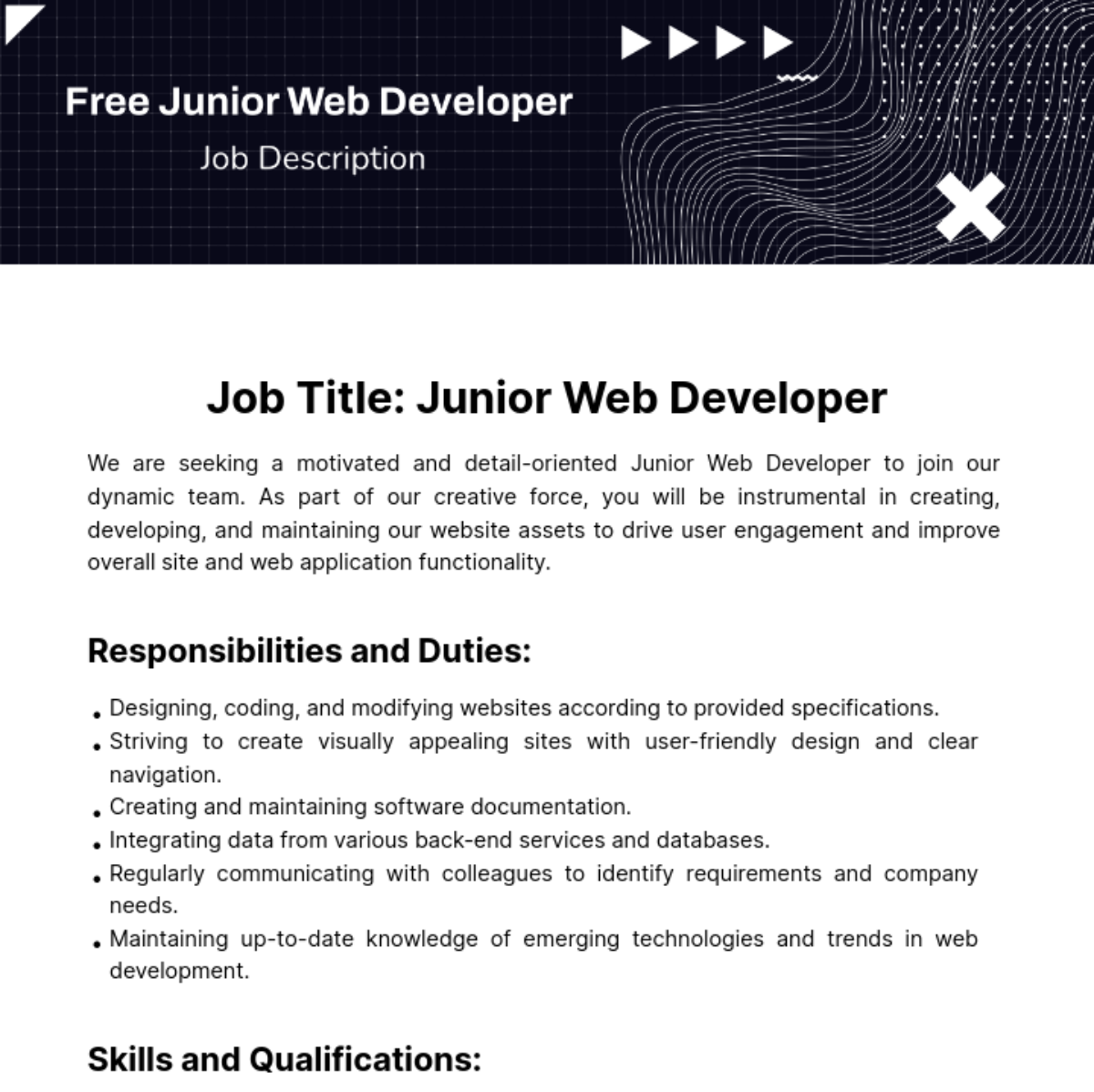 Junior Web Developer Job Description Template