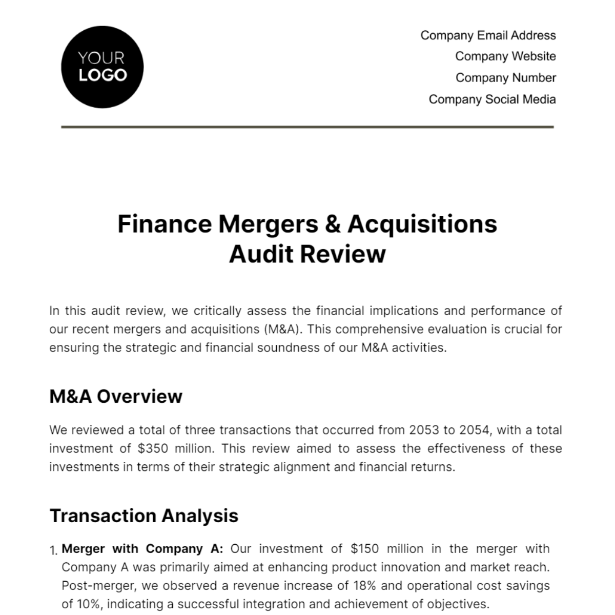 Free Finance Mergers & Acquisitions Audit Review Template