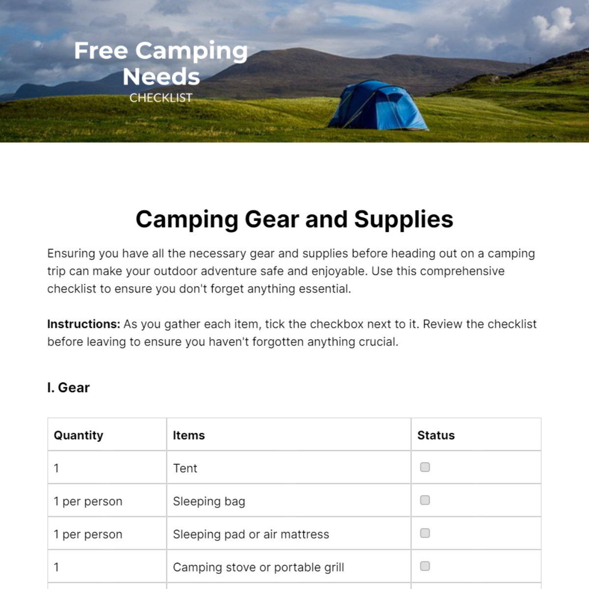 Camping Needs Checklist Template