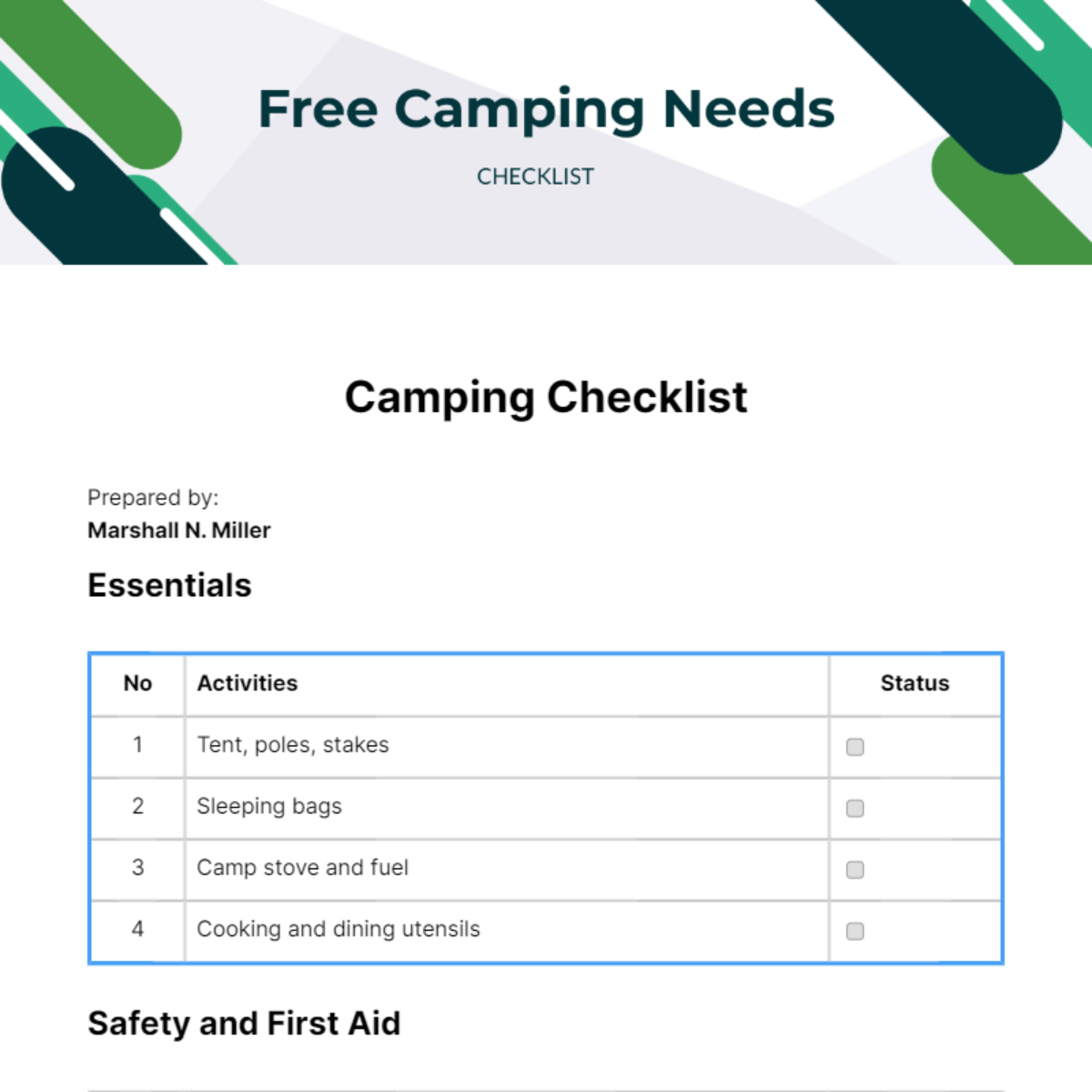 Camping Needs Checklist Edit Online & Download Example