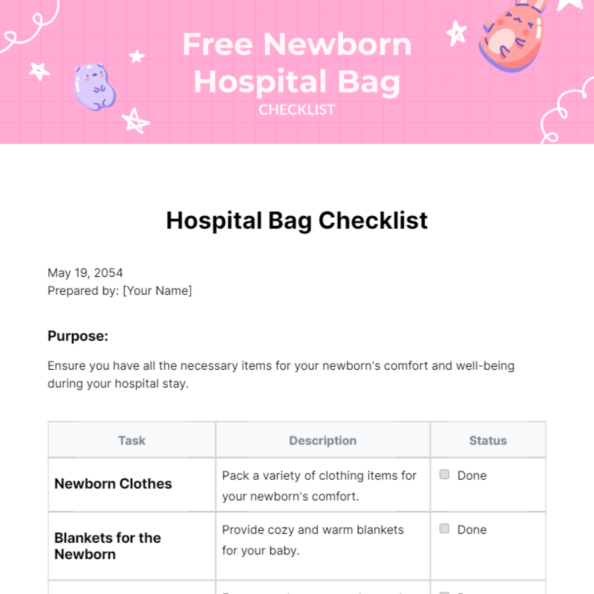 Newborn Hospital Bag Checklist Template