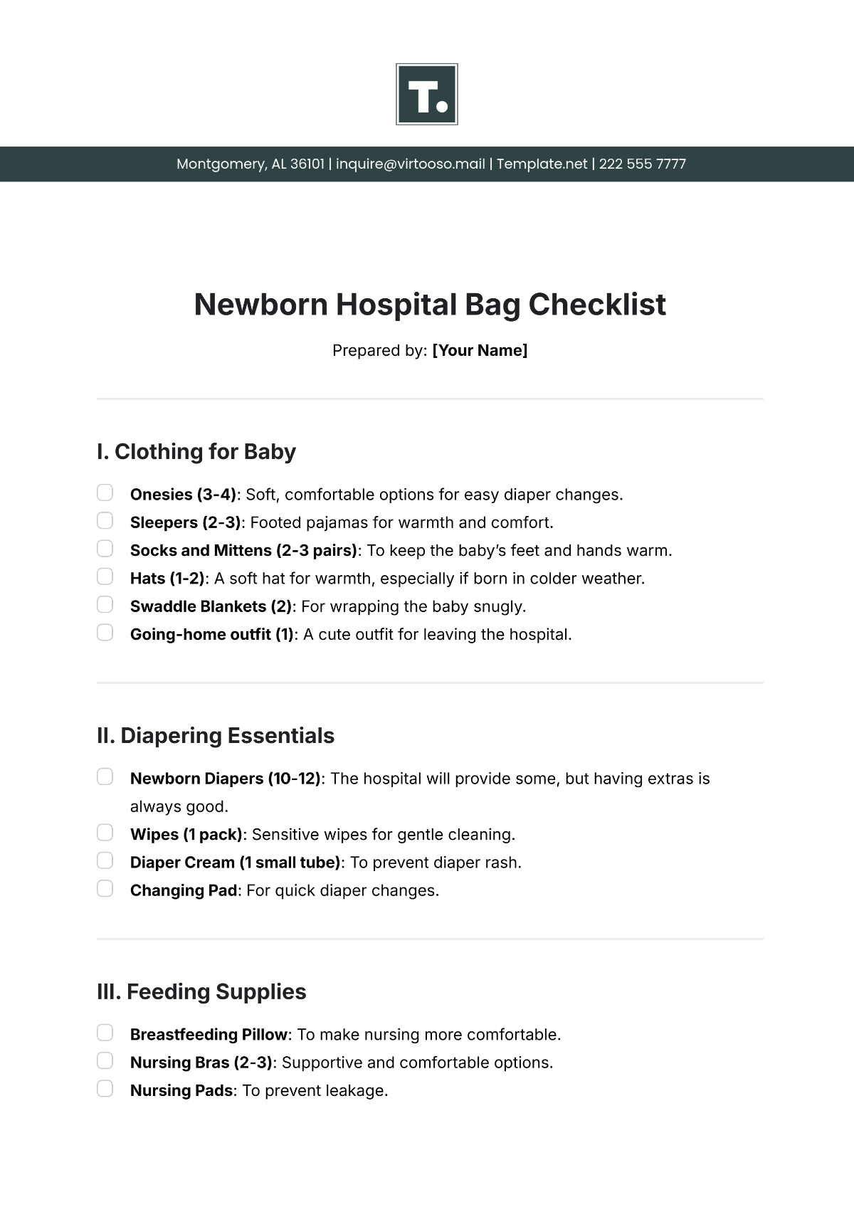 Newborn Hospital Bag Checklist Template - Edit Online & Download