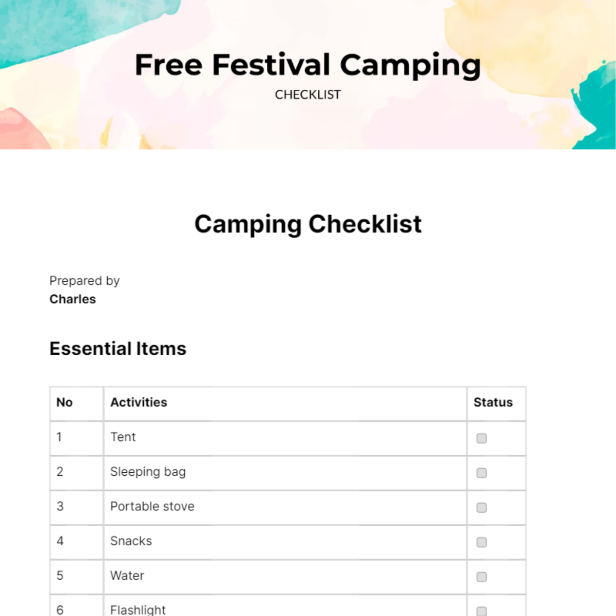 Festival Camping Checklist Edit Online & Download Example