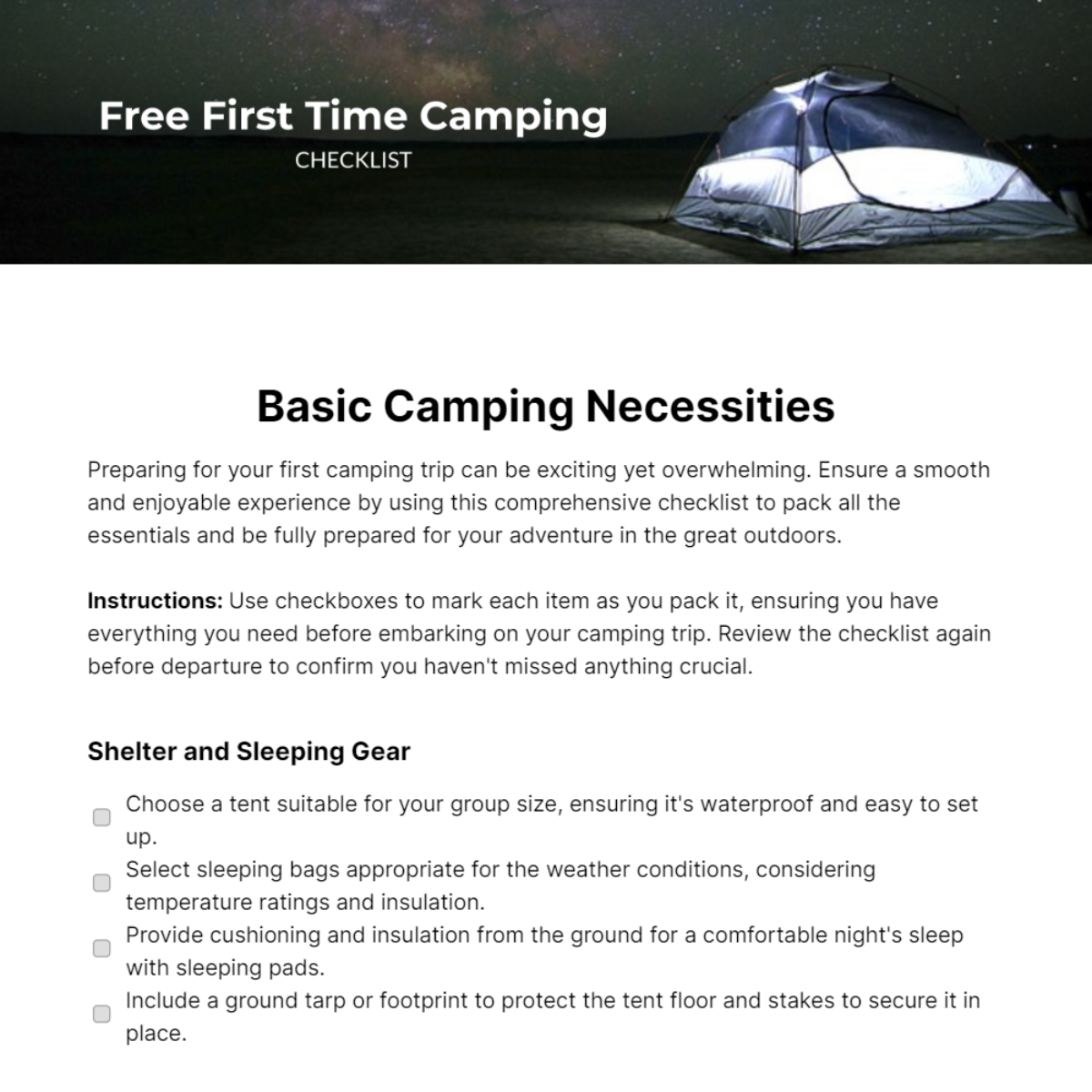 First Time Camping Checklist Template