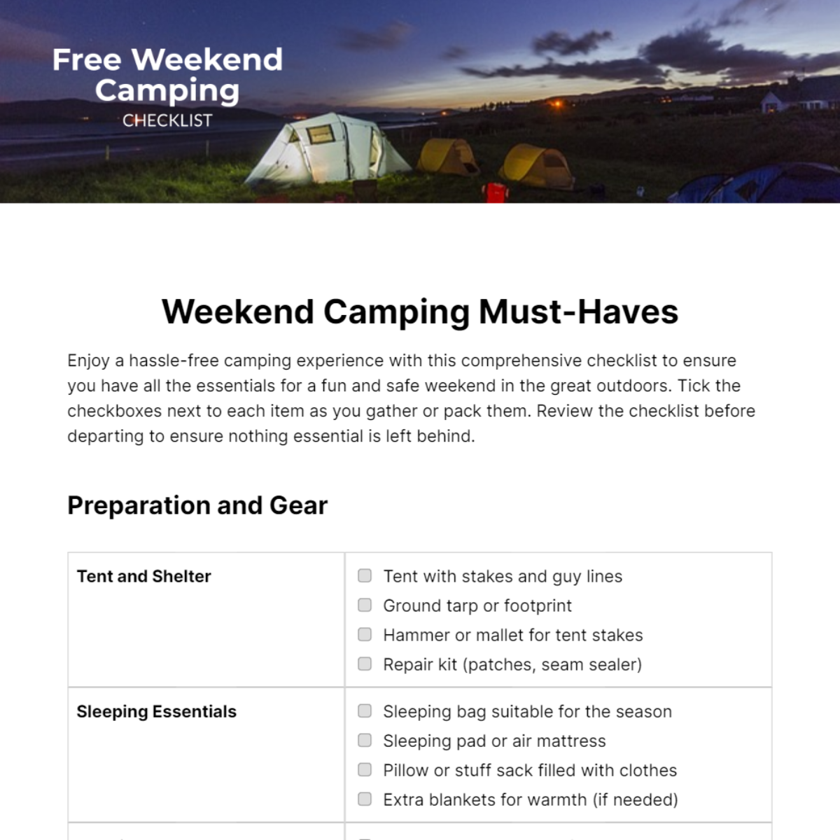 Weekend Camping Checklist Template