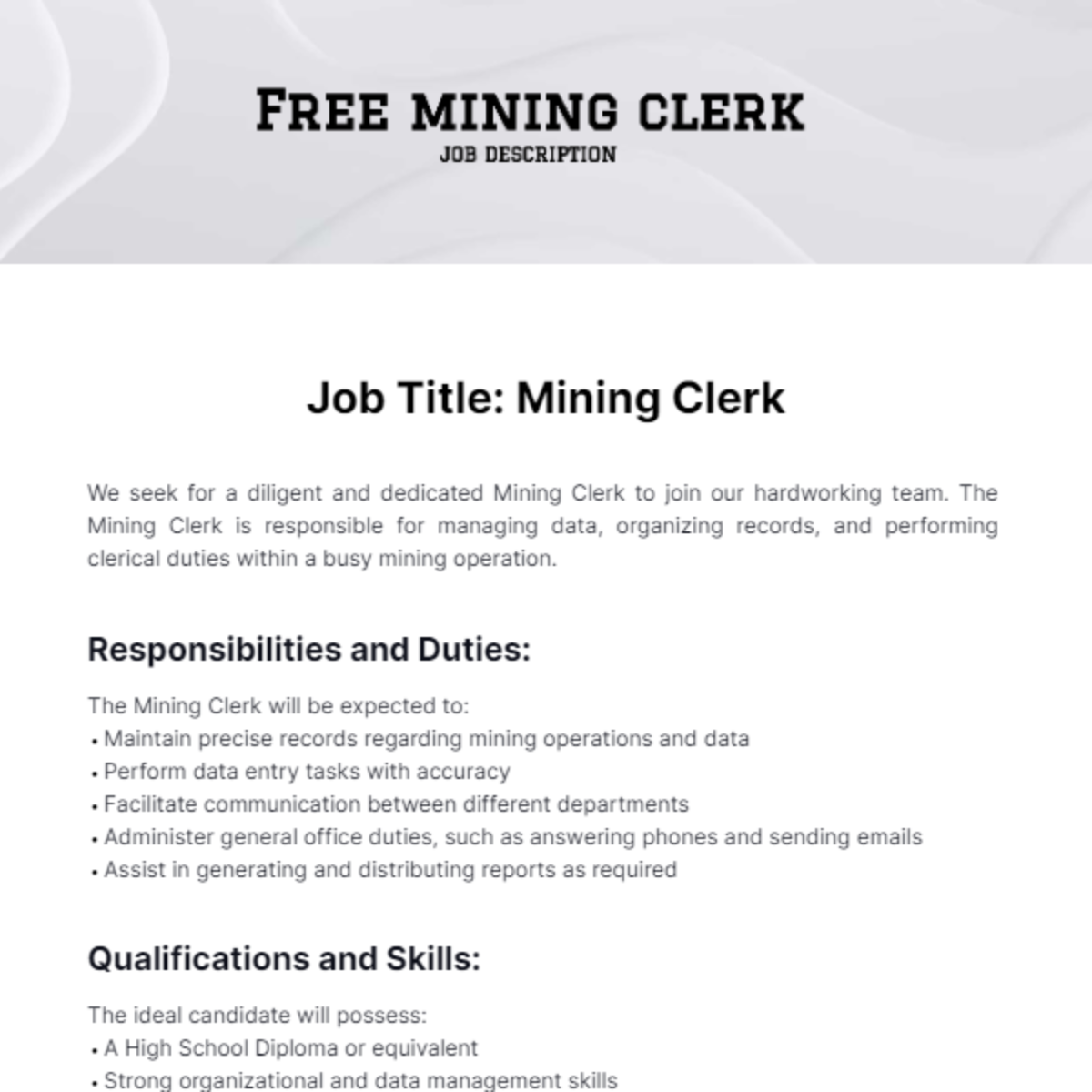 Free Mining Clerk Job Description Template