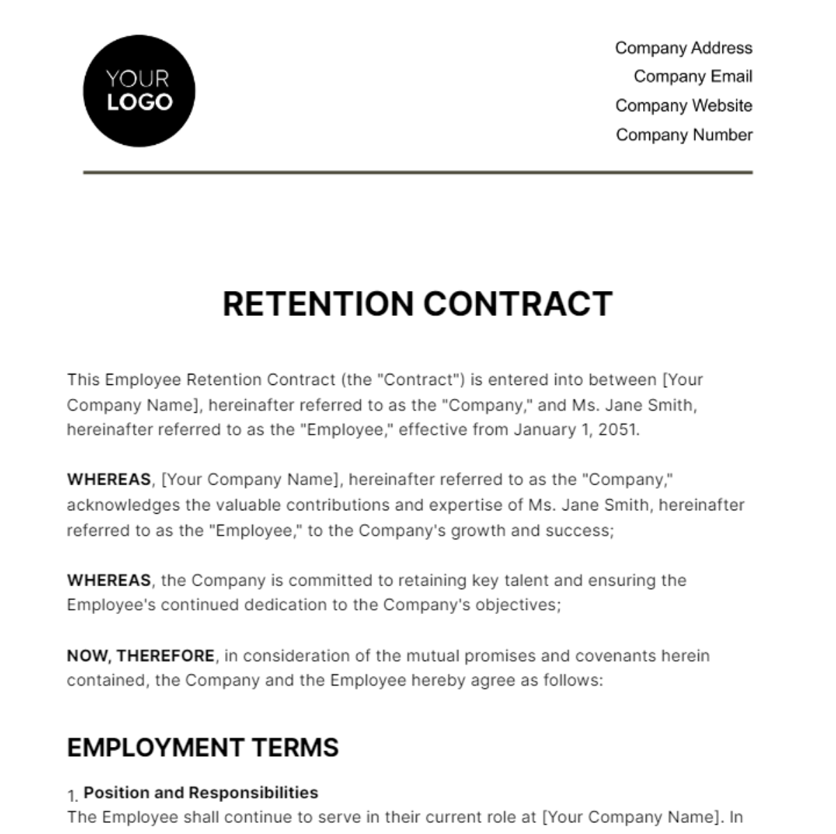 Retention Contract HR Template