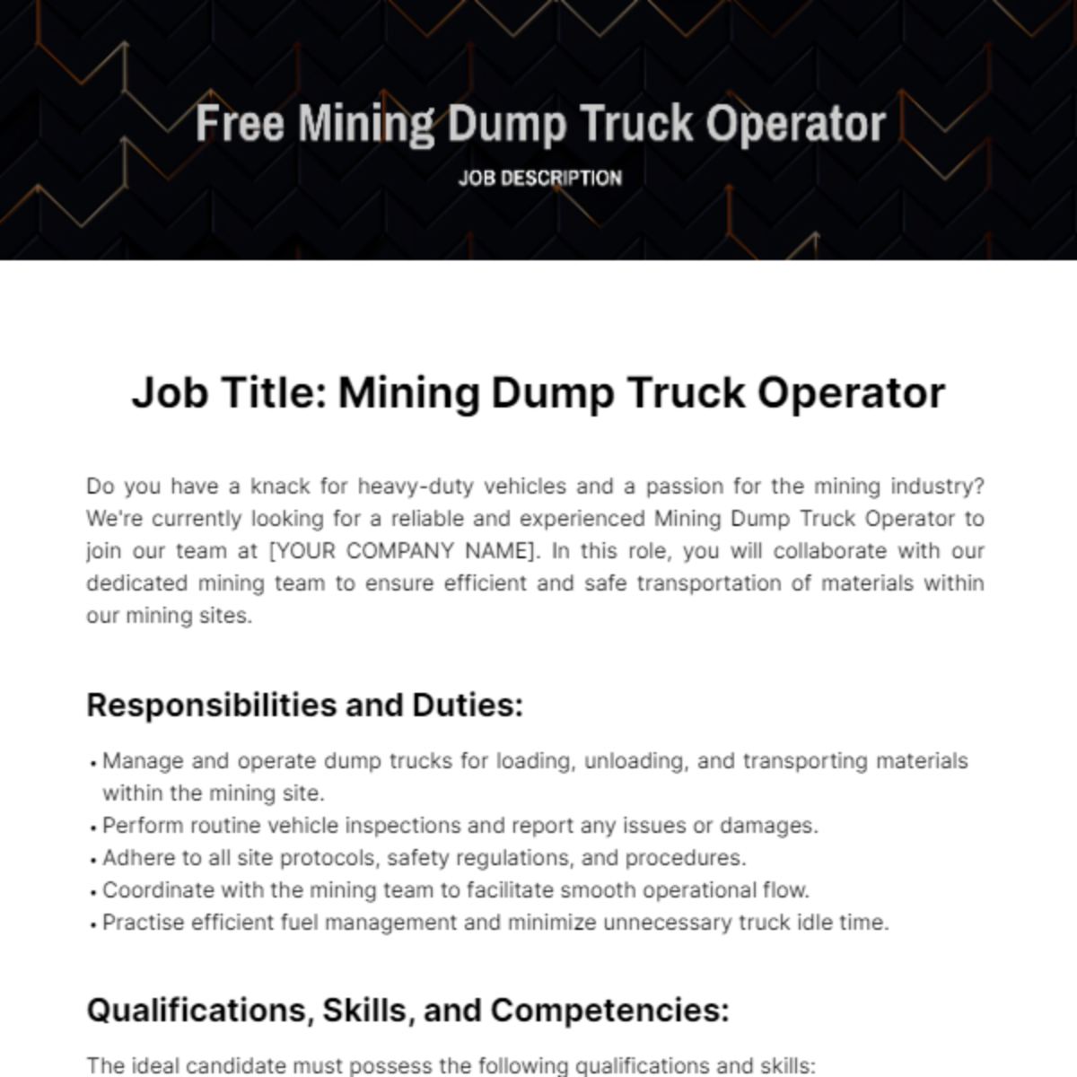 Mining Dump Truck Operator job Description Template