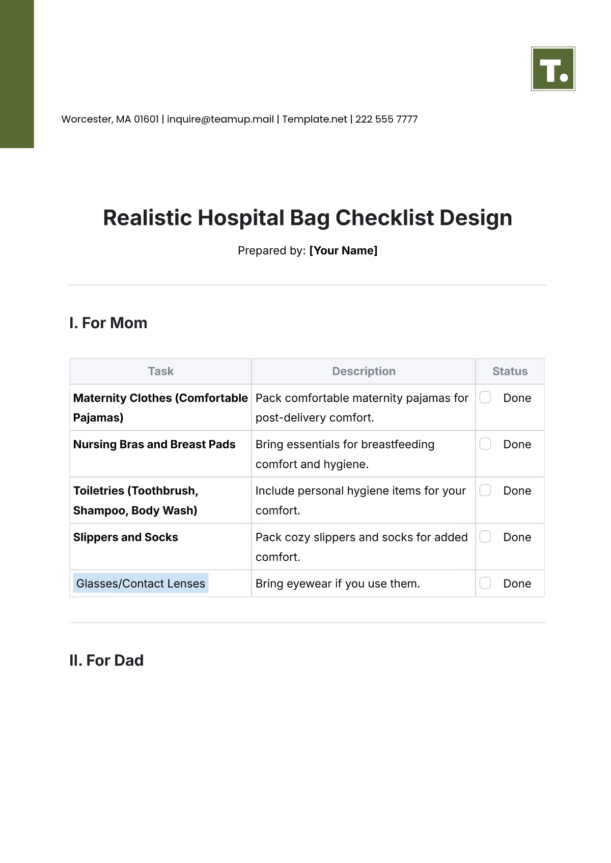 Realistic Hospital Bag Checklist Design Template - Edit Online & Download