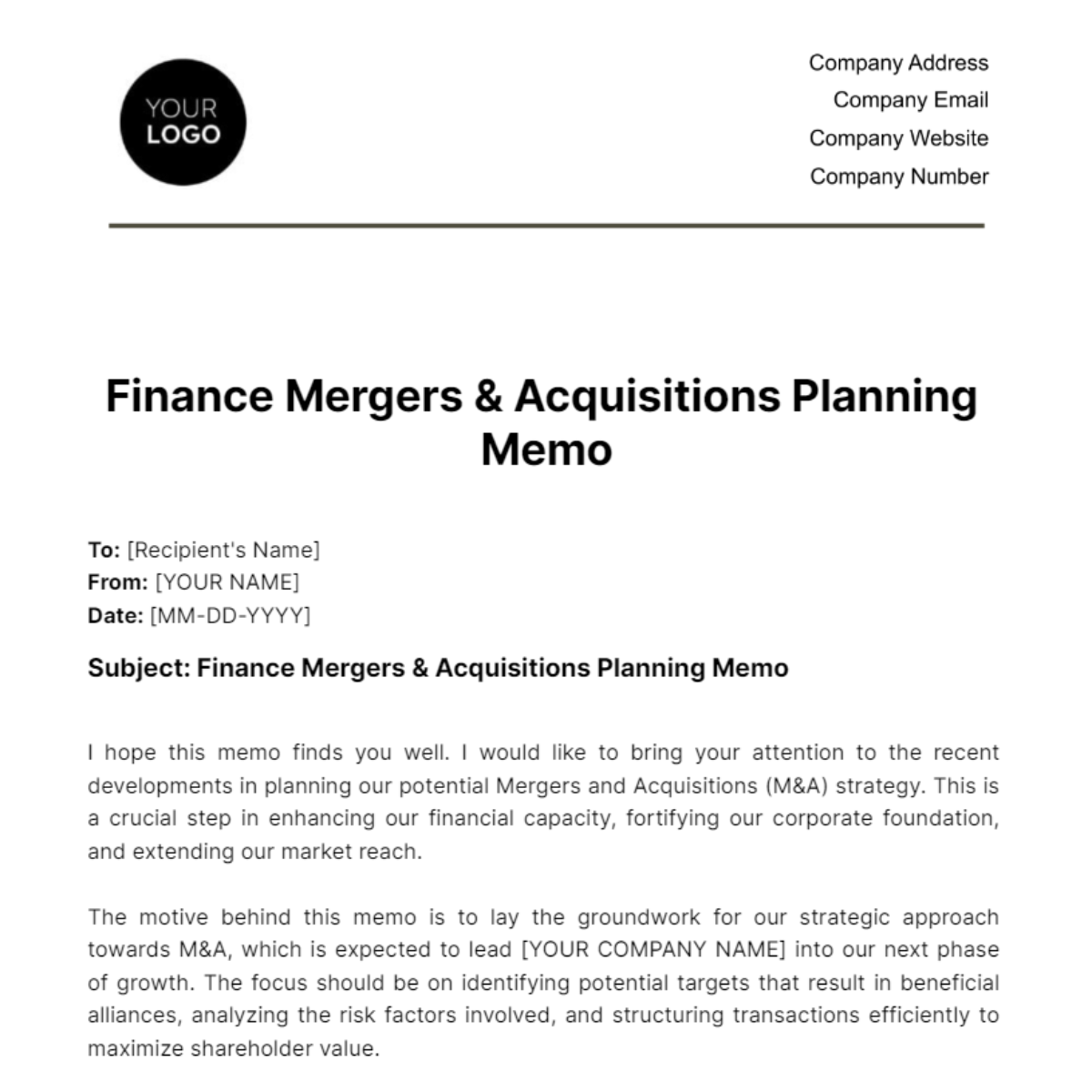 Free Finance Mergers & Acquisitions Planning Memo Template