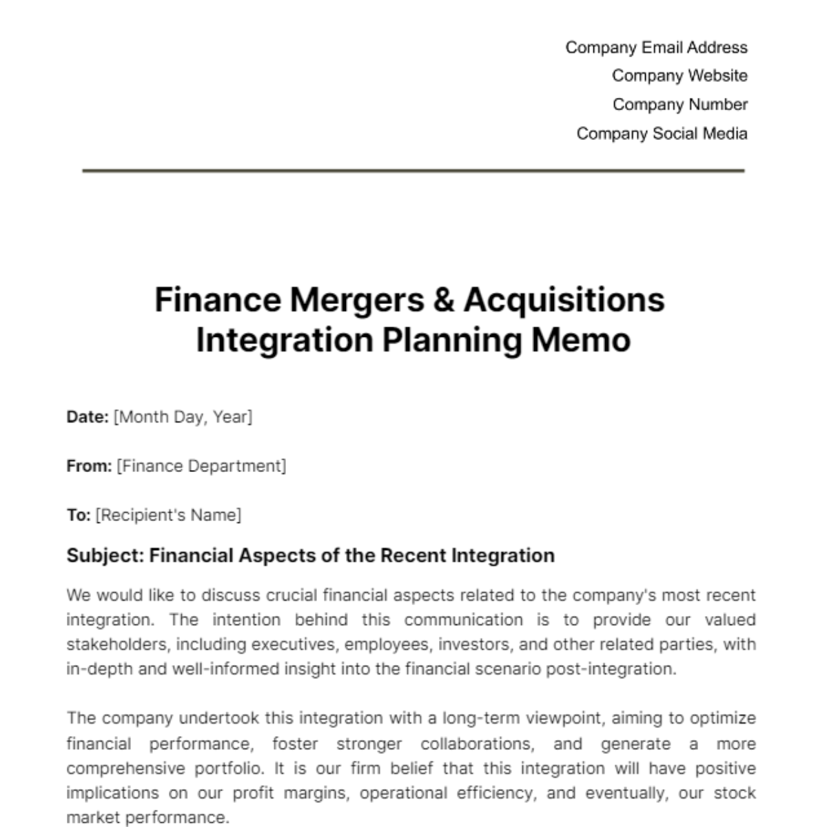 Finance Mergers & Acquisitions Integration Planning Memo Template