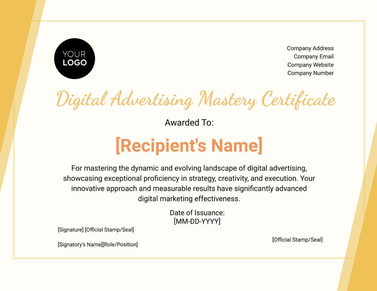 Digital Advertising Mastery Certificate Template