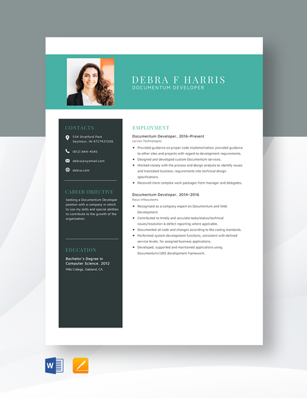 Free Documentum Developer Resume Template - Word, Apple Pages