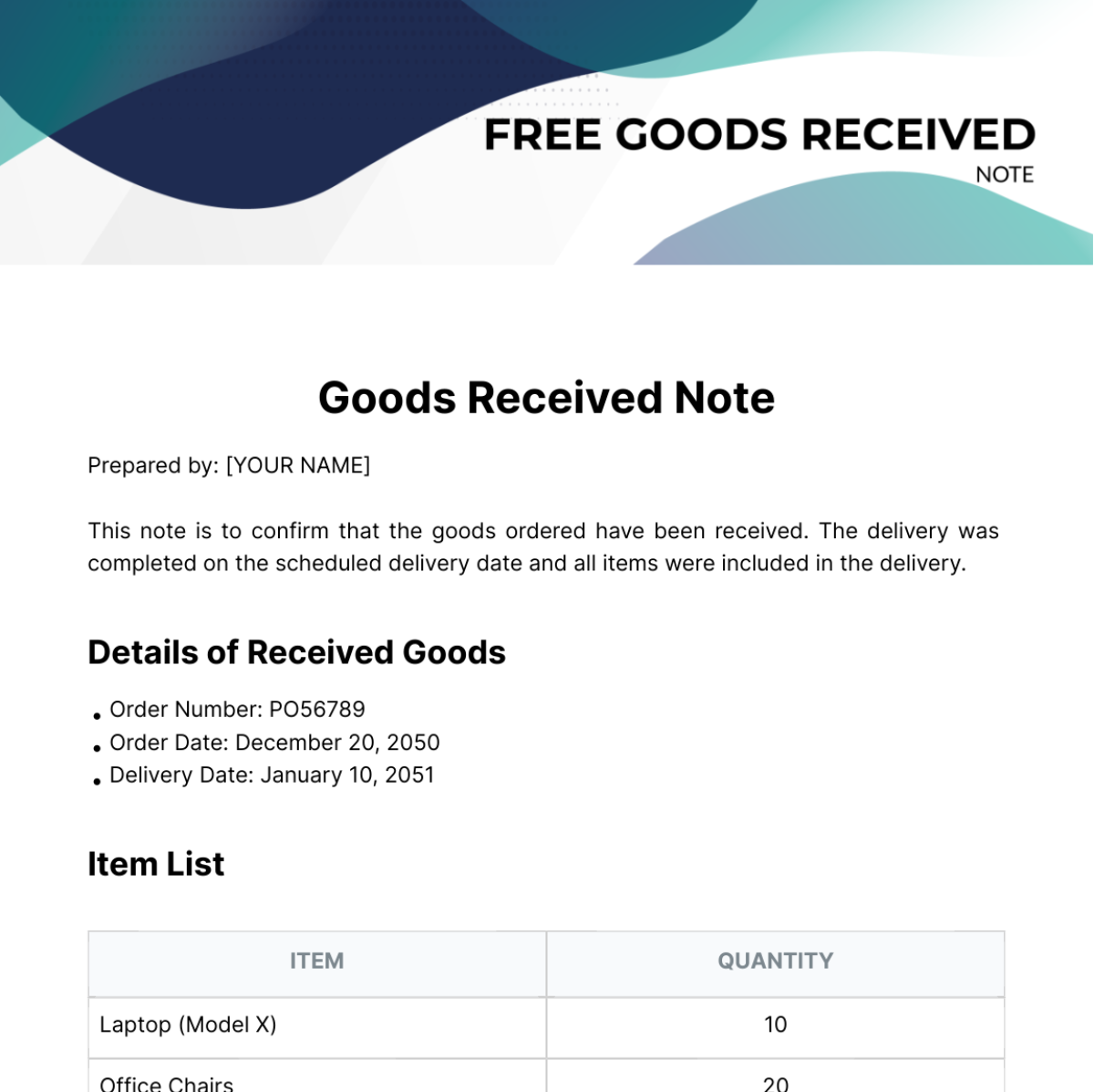 Free Goods Received Note Template