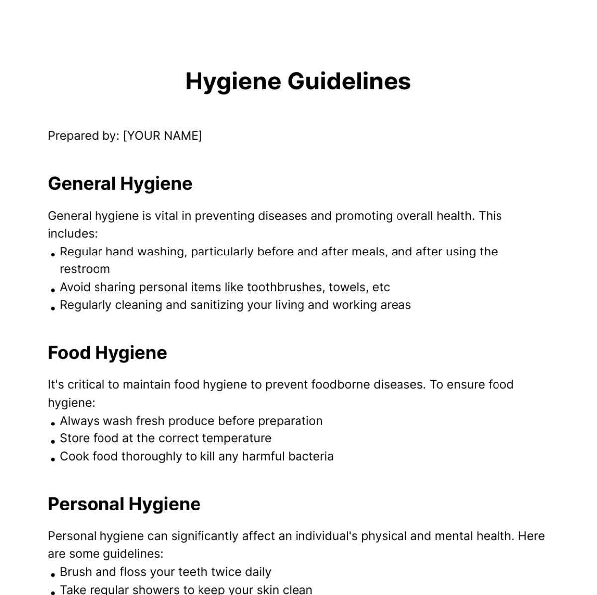 Hygiene Note Template