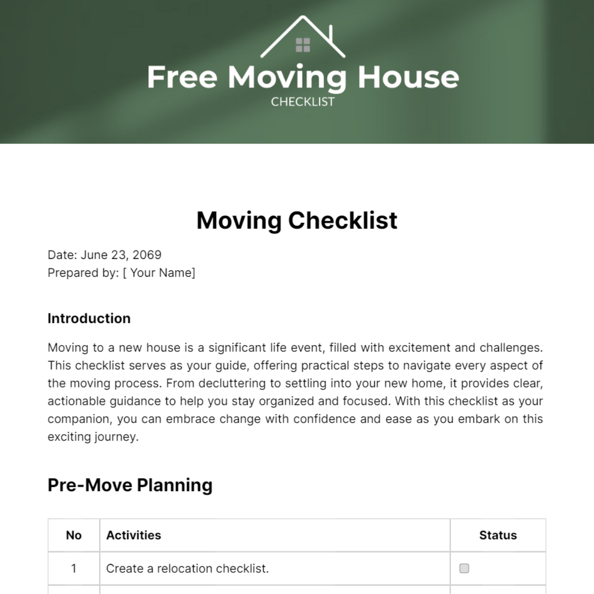 Free Moving House Checklist Template