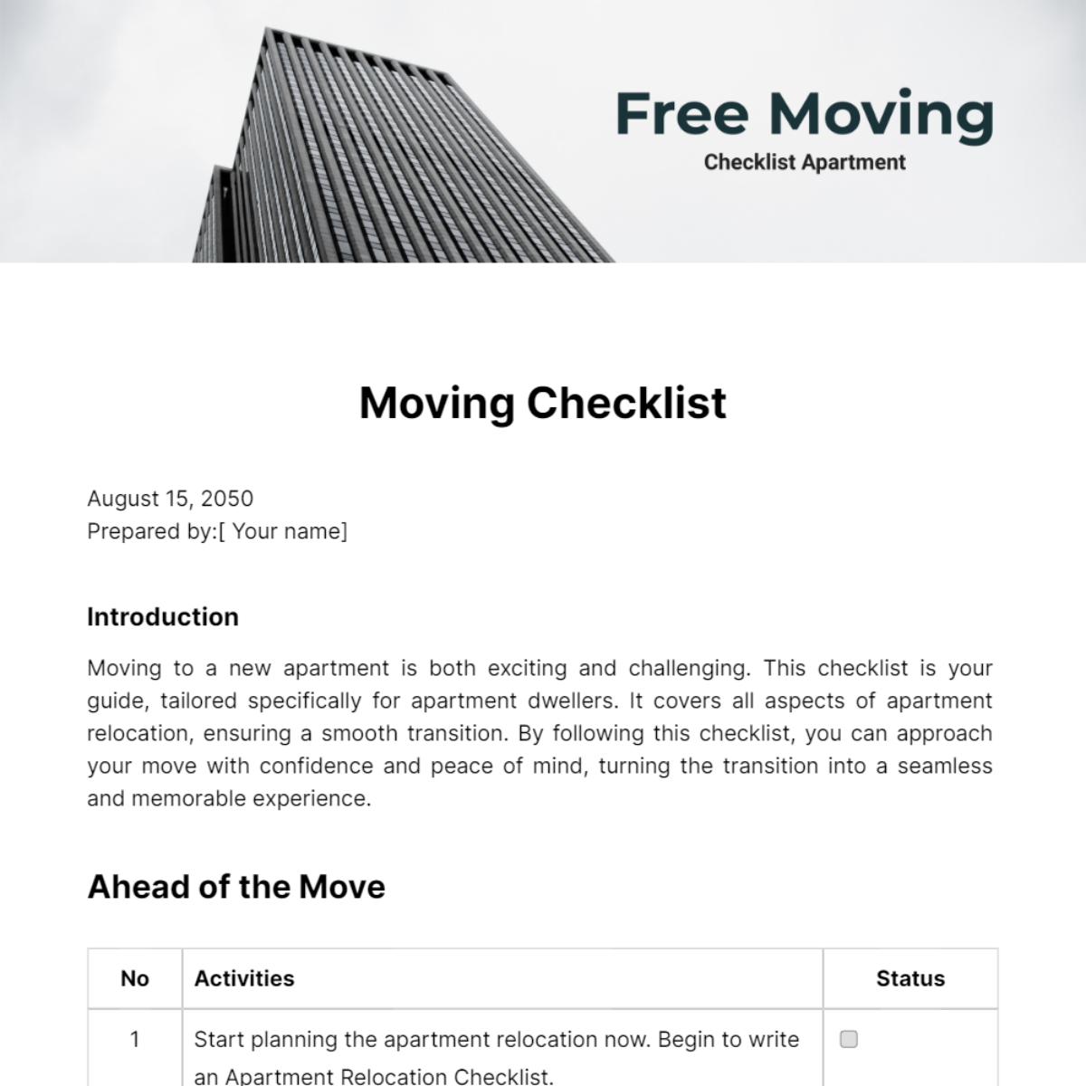 Free Moving Checklist Apartment Template