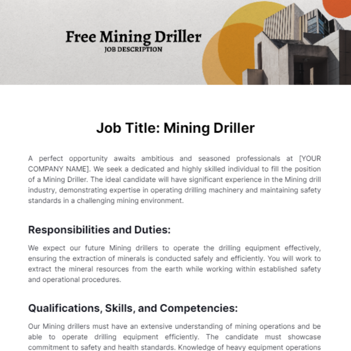 Free Mining Driller Job Description Template