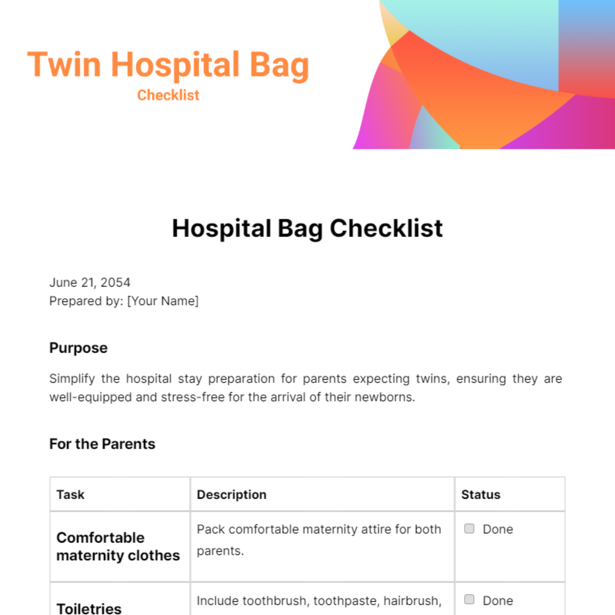 Twin Hospital Bag Checklist Template