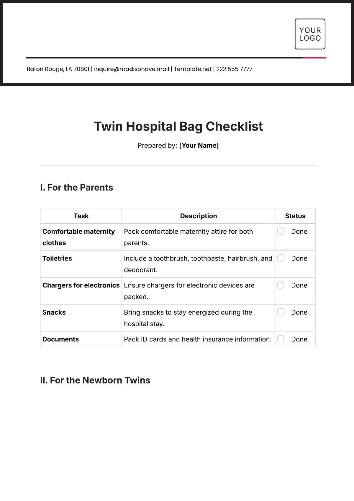 Twin Hospital Bag Checklist Template - Edit Online & Download