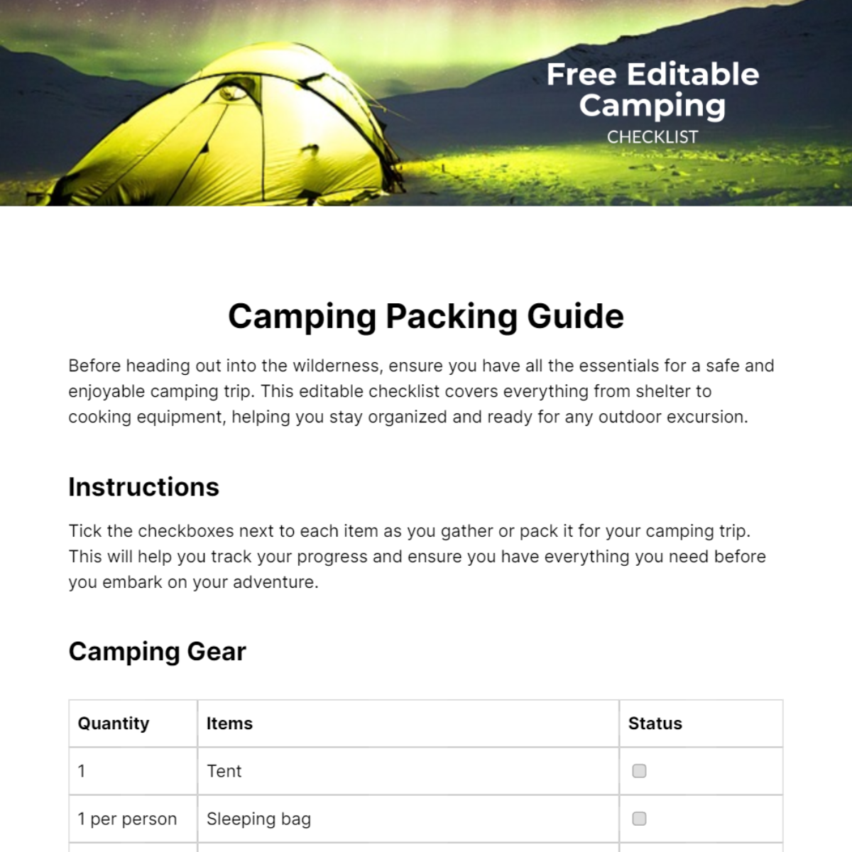 Editable Camping Checklist Template