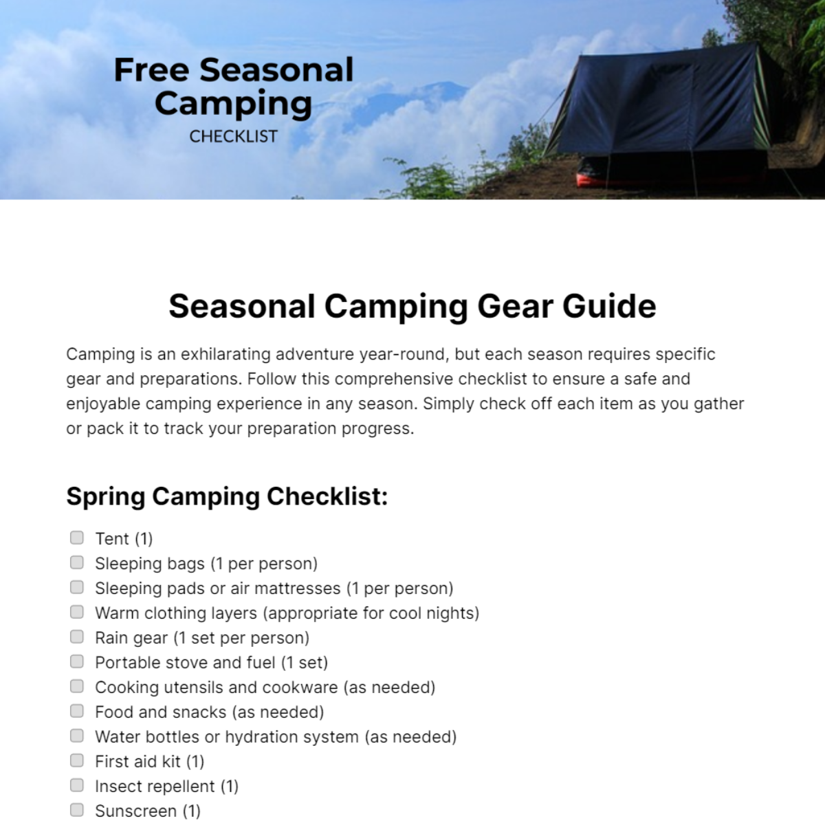 Seasonal Camping Checklist Template
