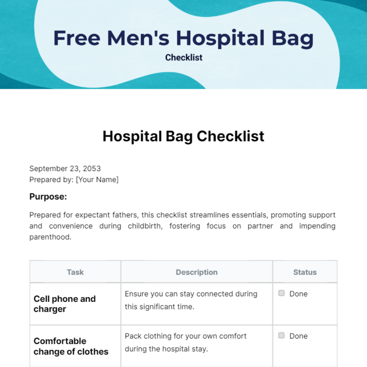 Men's Hospital Bag Checklist Template