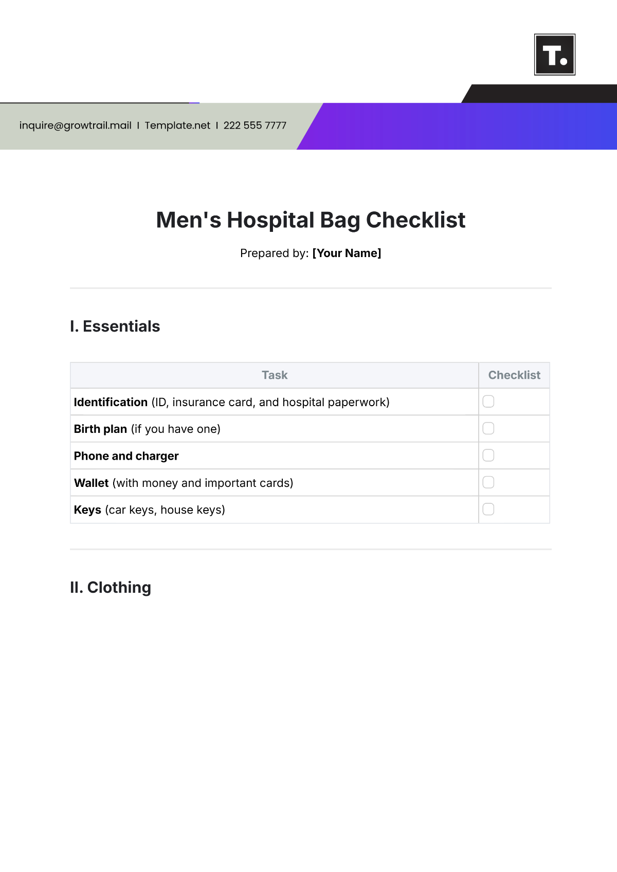 Men's Hospital Bag Checklist Template - Edit Online & Download