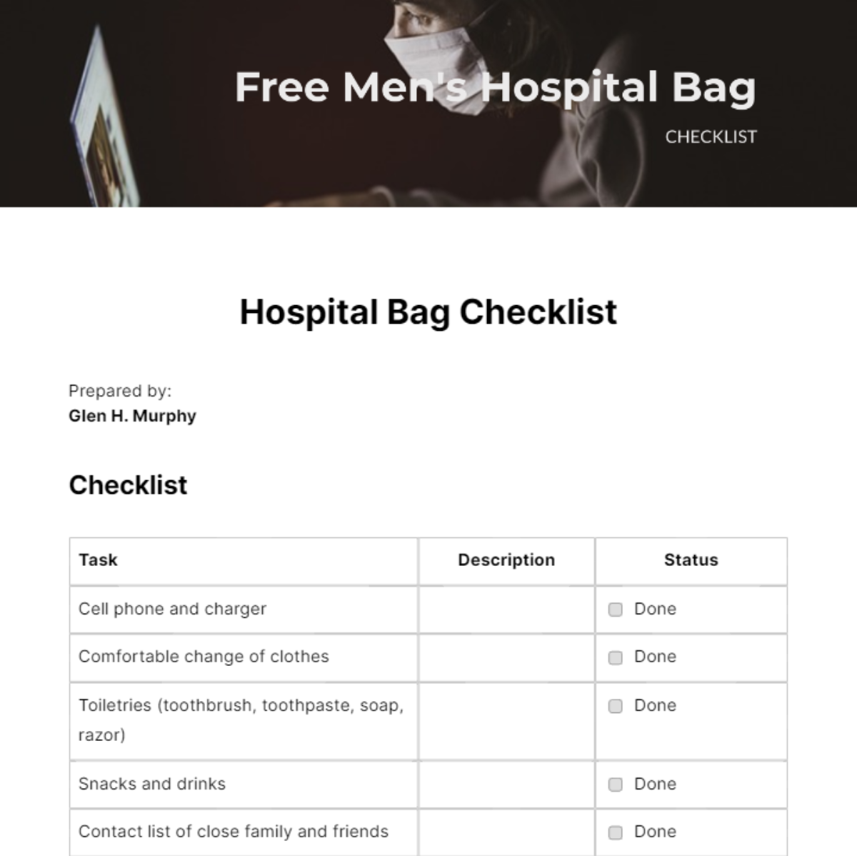 Men's Hospital Bag Checklist Edit Online & Download Example