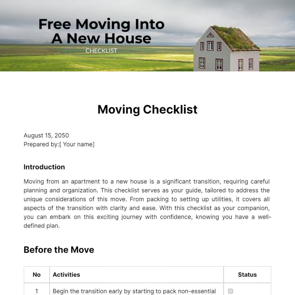 Free Moving Into A New House Checklist Template