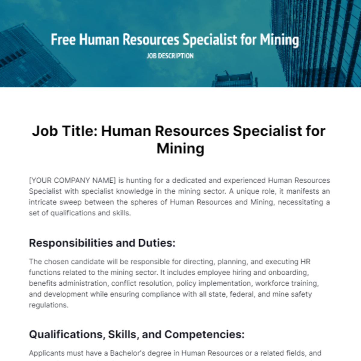 Free Human Resources Relating to Mining Job Description Template