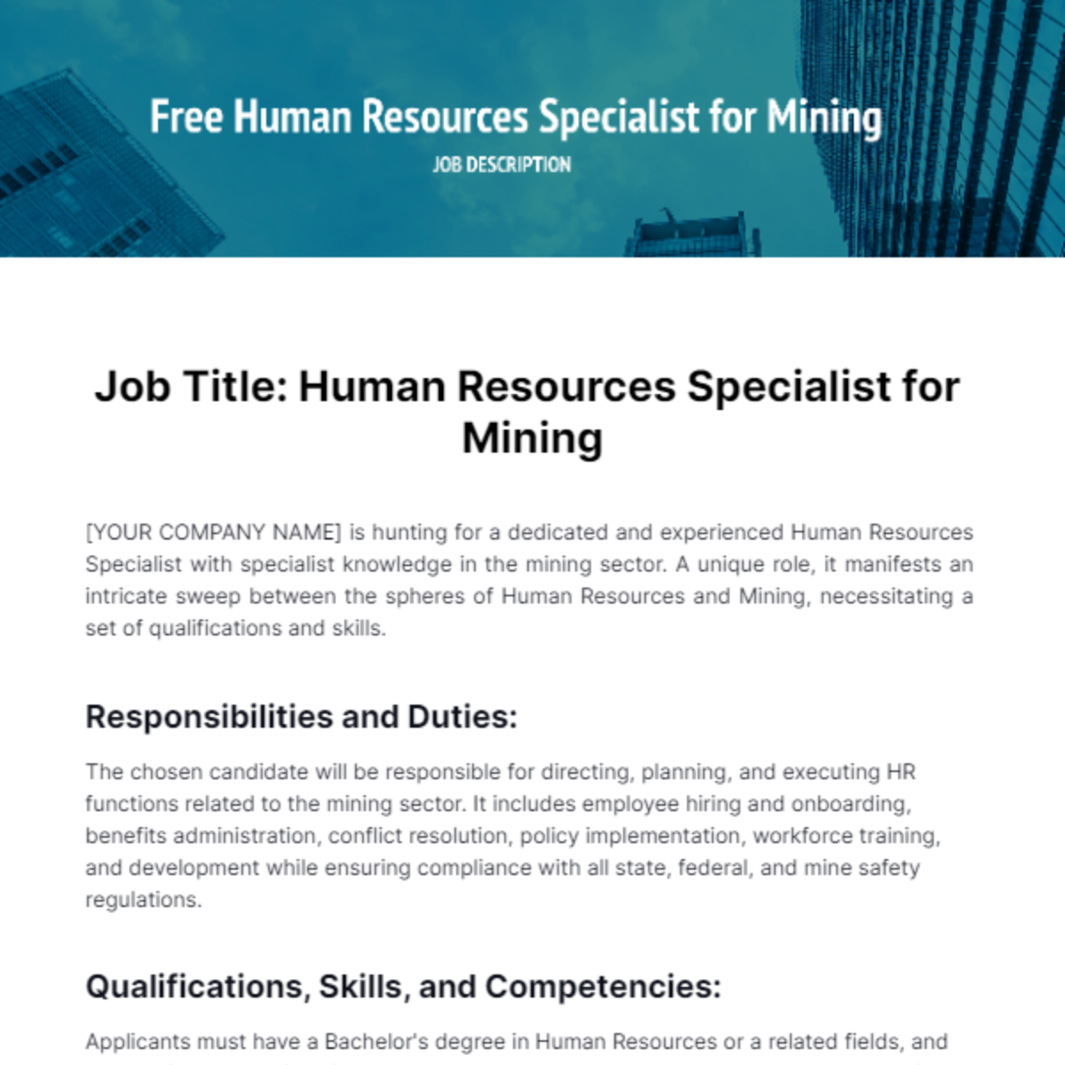 Human Resources Relating To Mining Job Description Template Edit 