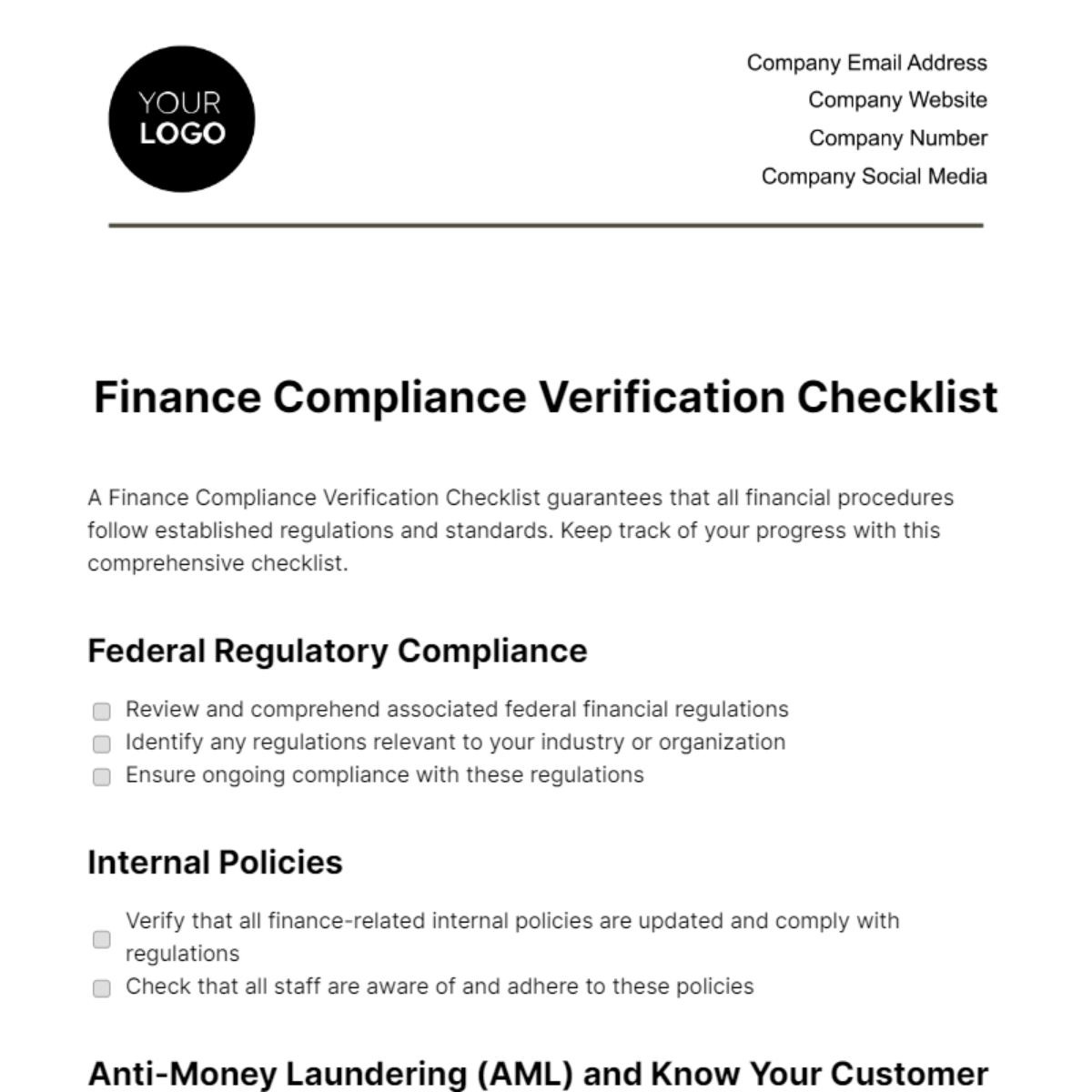 Finance Compliance Verification Checklist Template - Edit Online & Download