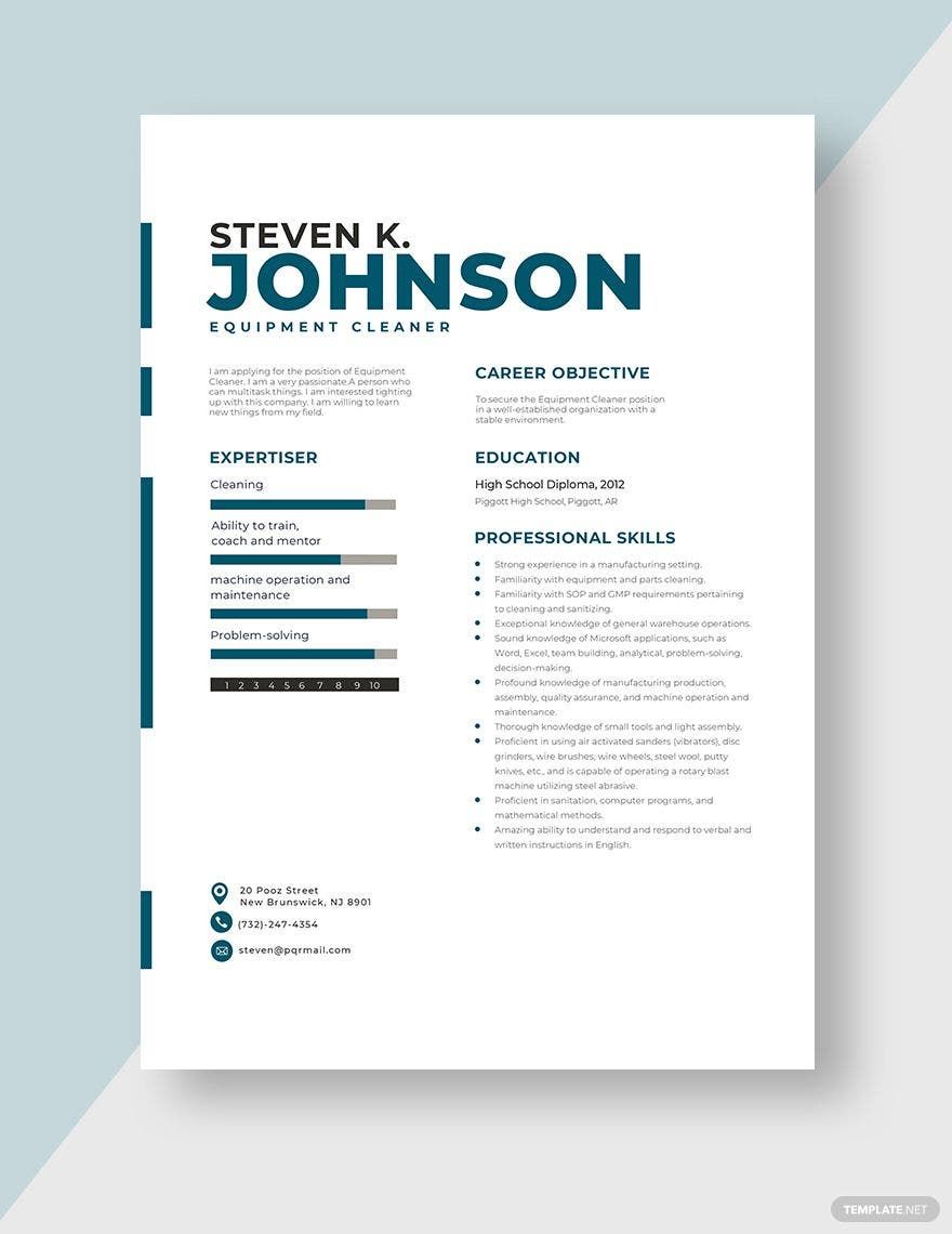 Free Equipment Cleaner Resume Template