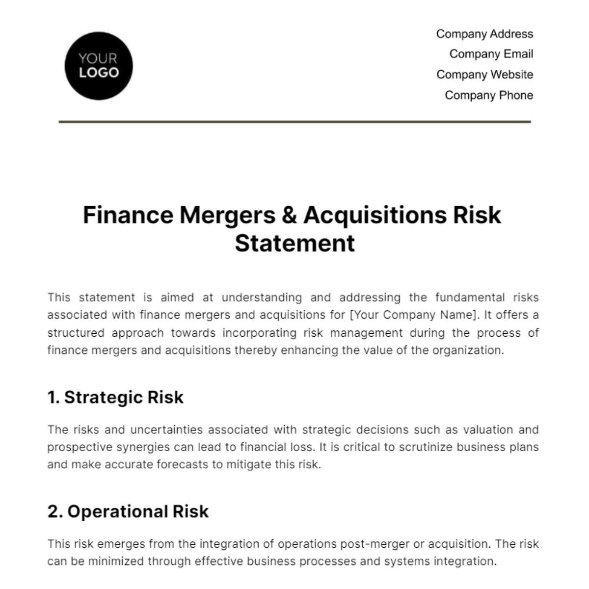 Finance Mergers & Acquisitions Risk Statement Template