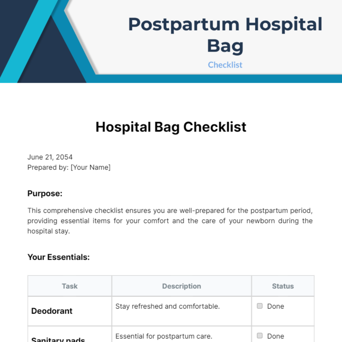 Free Postpartum Hospital Bag Checklist Template