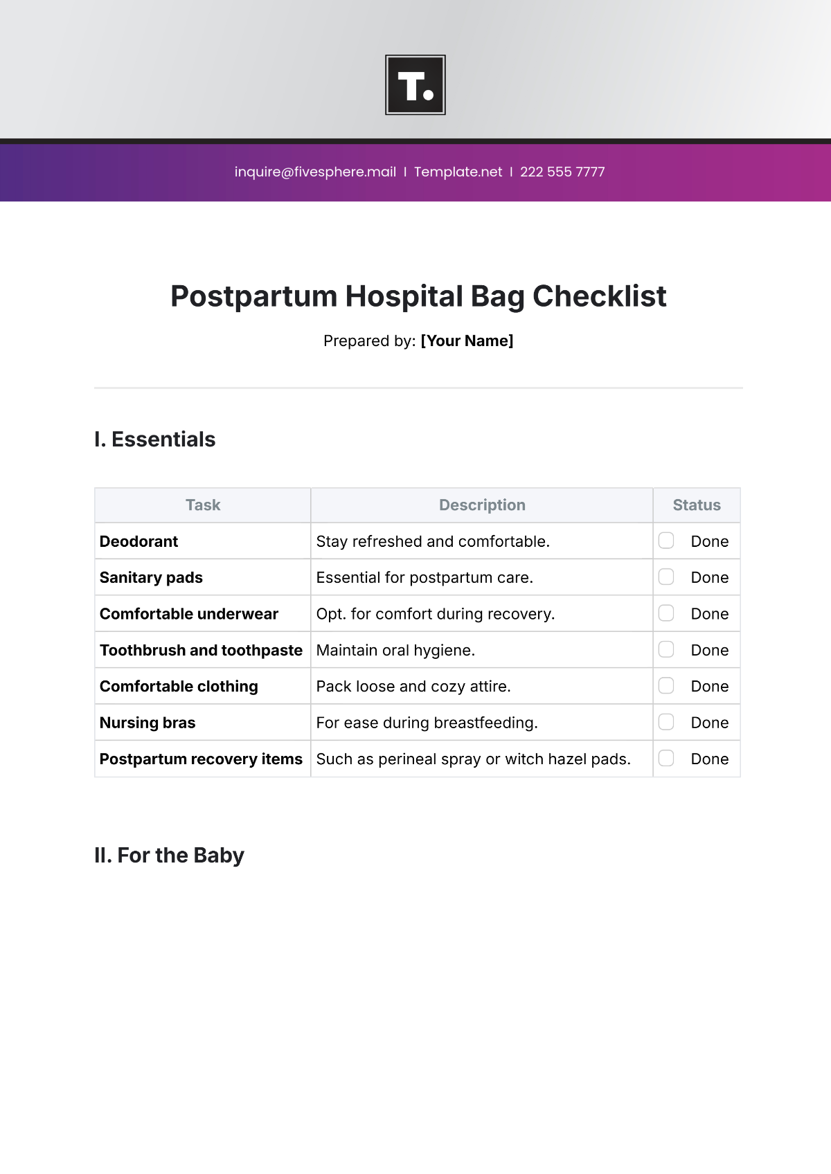 Postpartum Hospital Bag Checklist Template - Edit Online & Download