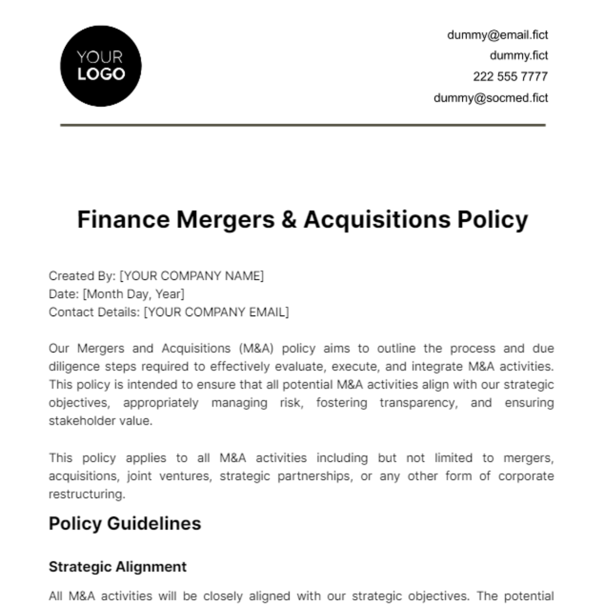 Finance Mergers & Acquisitions Policy Template