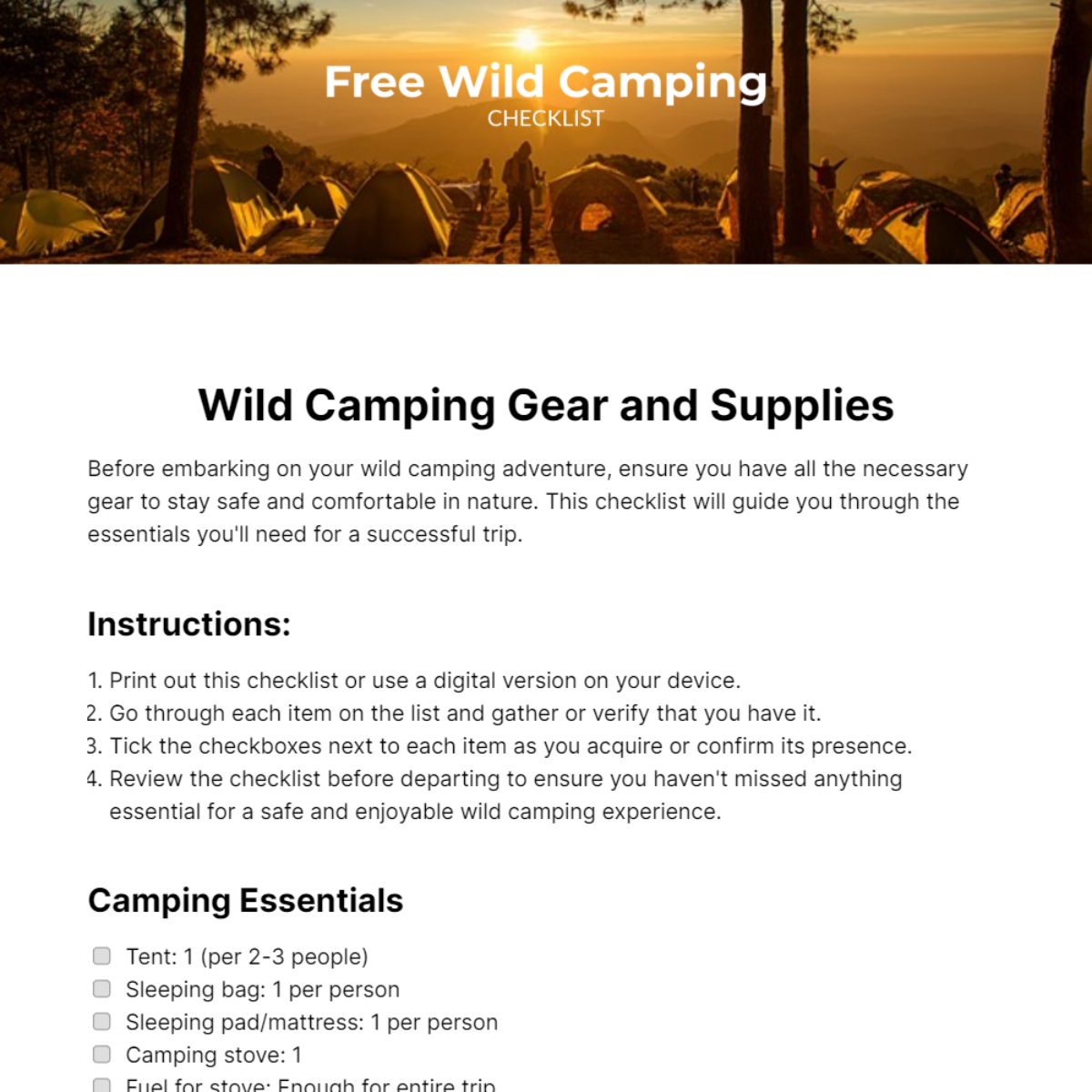 Wild Camping Checklist Template