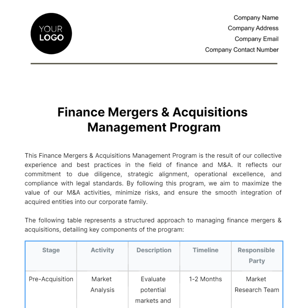 Finance Mergers & Acquisitions Management Program Template