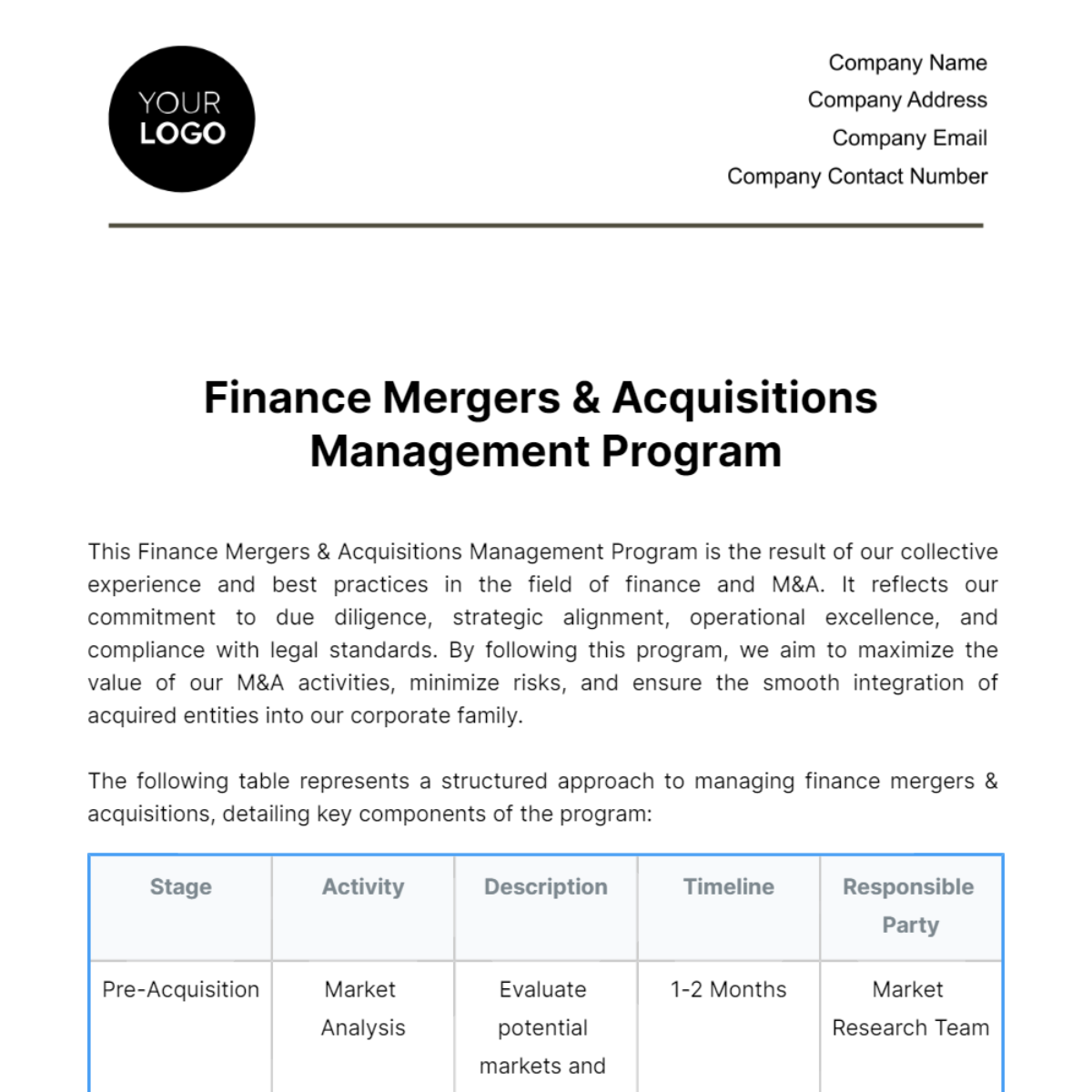 Finance Mergers & Acquisitions Management Program Template - Edit Online & Download